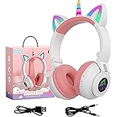 YUSONIC Unicorn Kids Headphones for Girls, Unicorn Bluetooth Headphones Foldable for Girls Toddlers Tablet/pad/Amazon fire,Light Up Kids Wireless Headphone Birthday Gifts (White Pink)