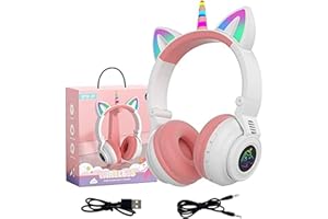YUSONIC Unicorn Kids Headphones for Girls, Unicorn Bluetooth Headphones Foldable for Girls Toddlers Tablet/pad/Amazon fire,Light Up Kids Wireless Headphone Birthday Gifts (White Pink)