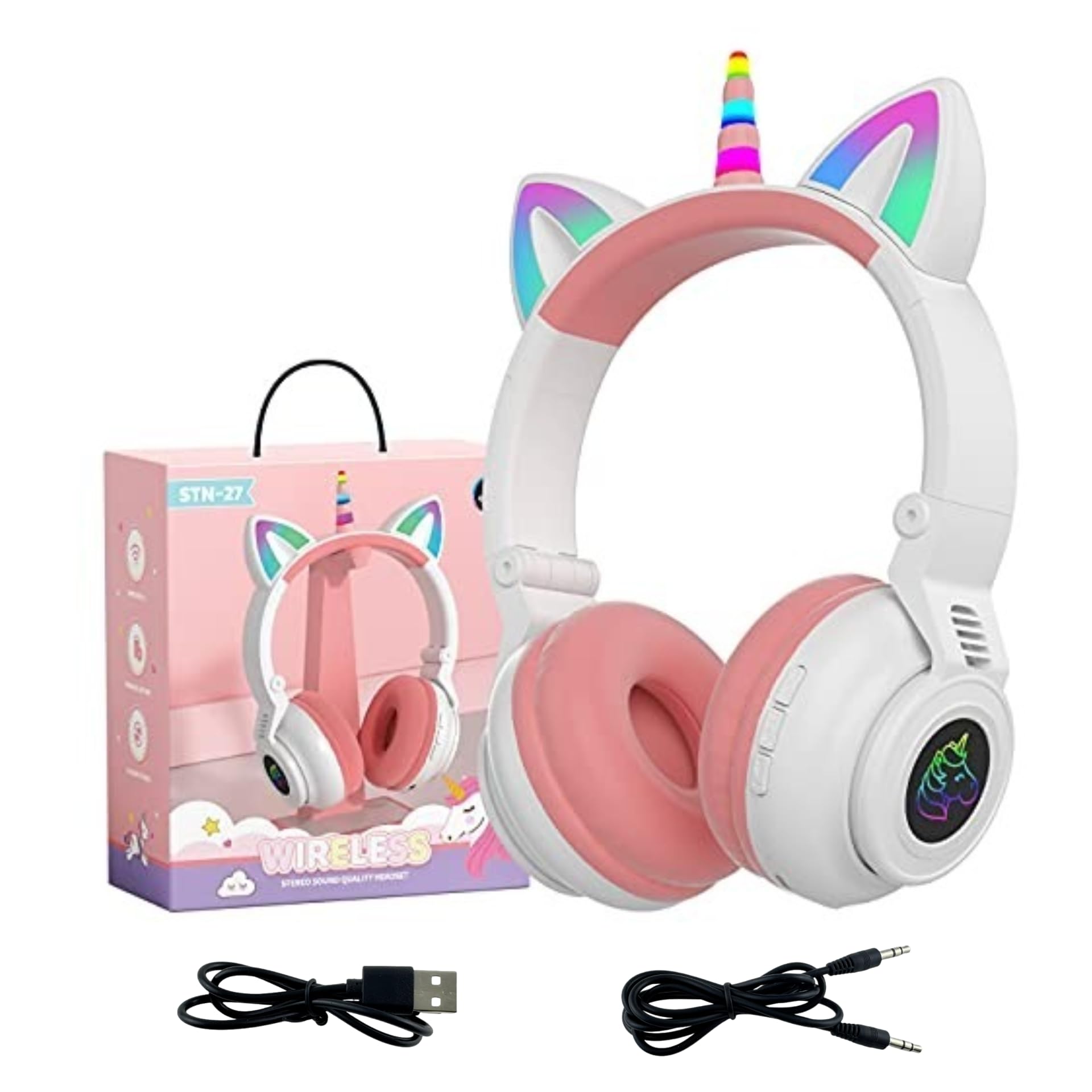 YUSONIC Unicorn Headphones for Girls, Unicorn Bluetooth Headphones Foldable for Girl Toddlers Tablet/pad/Amazon fire,Light Up Kids Wireless Headphone Birthday Gifts (White) — image 1
