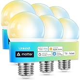 Linkind Matter Smart Light Bulbs, Work with Apple Home, Alexa, Google Home | Matter-enabled Direct Connect, Warm White to Daylight (2700K-6500K), LED 8.5W=60W, 2.4G WiFi Bluetooth, A19 E26 800LM, 6Pack