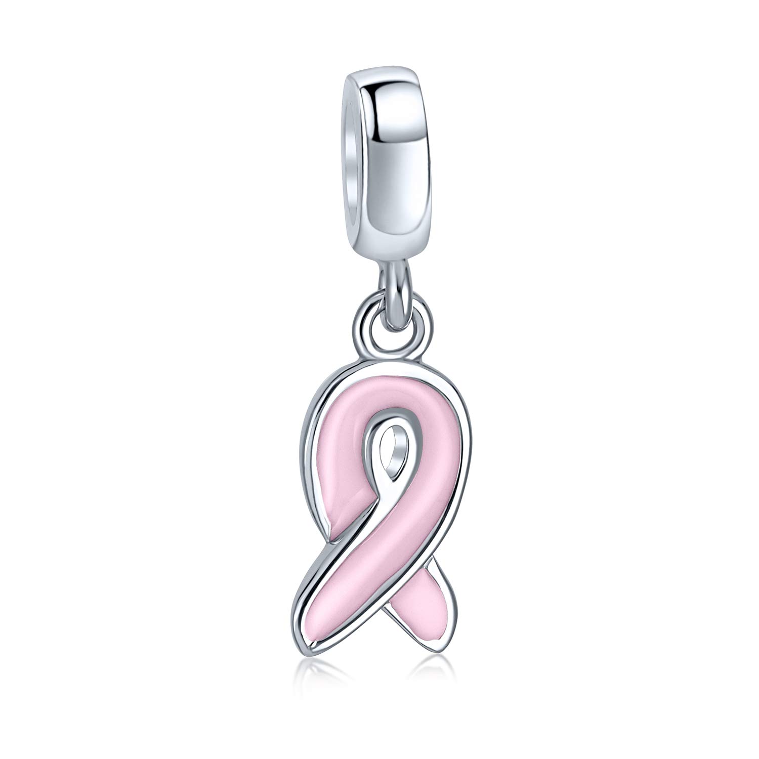 Radiant Pink Ribbon Enamel Hope Breast Cancer Survivor Dangle Charm Bead - Authentic .925 Sterling Silver - Compatible with European Bracelets - Inspirational Jewelry for Women