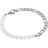 GAVU Men's Pearl Bracelet, Silver Bracelet Figaro Chain Bracelet for Men, Pearl Beaded Bracelet for Men