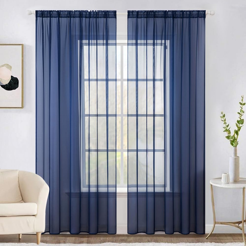 MIULEE 2 Panels Solid Color Sheer Window Curtains Elegant Window Voile Panels/Drapes/Treatment for Bedroom Living Room (54X96 Inches Dark Blue)