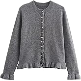 KIGRAD Women Crewneck Button Up Cropped Cardigan Sweaters Y2k Frilly Ruffle Knit Open Front Long Sleeve Knitwear Shirts