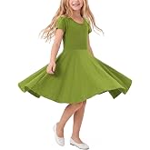 Noomelfish Girls Short Puff Sleeve Dress Summer Casual Knit Swing Twirl Skater Dresses with Pockets (2-12 Years)