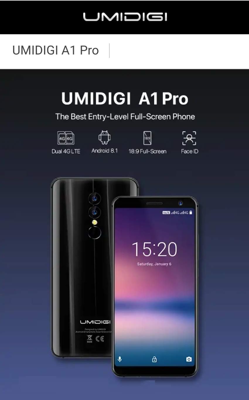 UMIDIGI A1 PRO - 5.5 inch (18:9 Ratio) HD+ Dual 4G Android 8.1 Smartphone, MTK6739 1.5GHz Quad Core 3GB + 16GB, Triple Cameras, Facial Recognition, 3150mAh Battery - Black