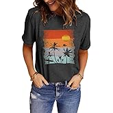 LINDOCITA Women's Summer Sunset Beach Graphic Tees Tropical Vacay Soft Crewneck T-Shirt Shirts for Women