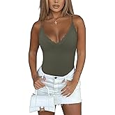 REORIA Women's Sexy V Neck Lace Backless Bodysuits Trendy Sleeveless Double Lined Thong Going Out Y2K Spaghetti Strap Tops