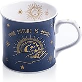 Blue Celestial Coffee Mug, "Your Future is Bright" Inspirational Theme Ceramic Mug, 12 oz New Bone China Mug with Tarot Symbols of Sun, Moon & Stars, Designed in England by Harvest Green Studio