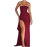 Women's Sexy Strapless Backless High Split Long Maxi Dress Ruched Off Shoulder Sleeveless Bodycon Party Cocktail Dresses