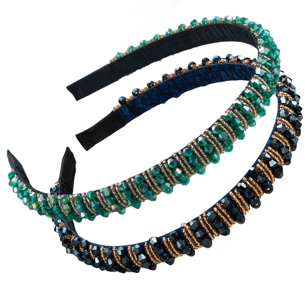 scicent Hairband 2 Pieces Crystal Rhinestone Headbands Thin Embellished Head Band Fashion Hair Bands Party Wedding Headpiece Hair Accessories for Women and Girls (Black+Green) - 16032 — image 1