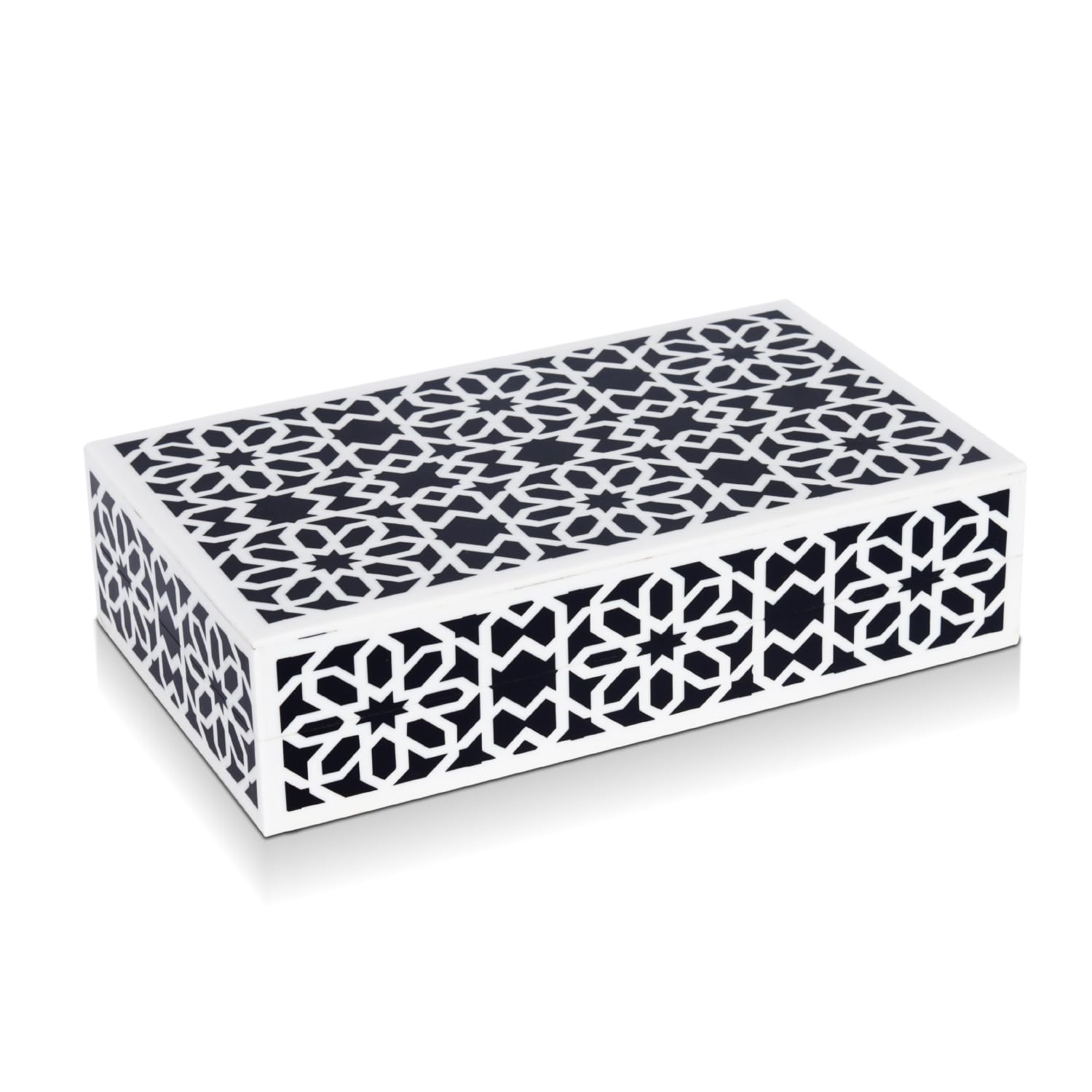 Handicrafts Home Decorative Storage Box with Lid, Black White Moorish Rosette Pattern Remote Holder Box, Persian Geometric Coffee Table Storage Organizer for Living Room Decor, Shiraz 10 x 6 x 2.5