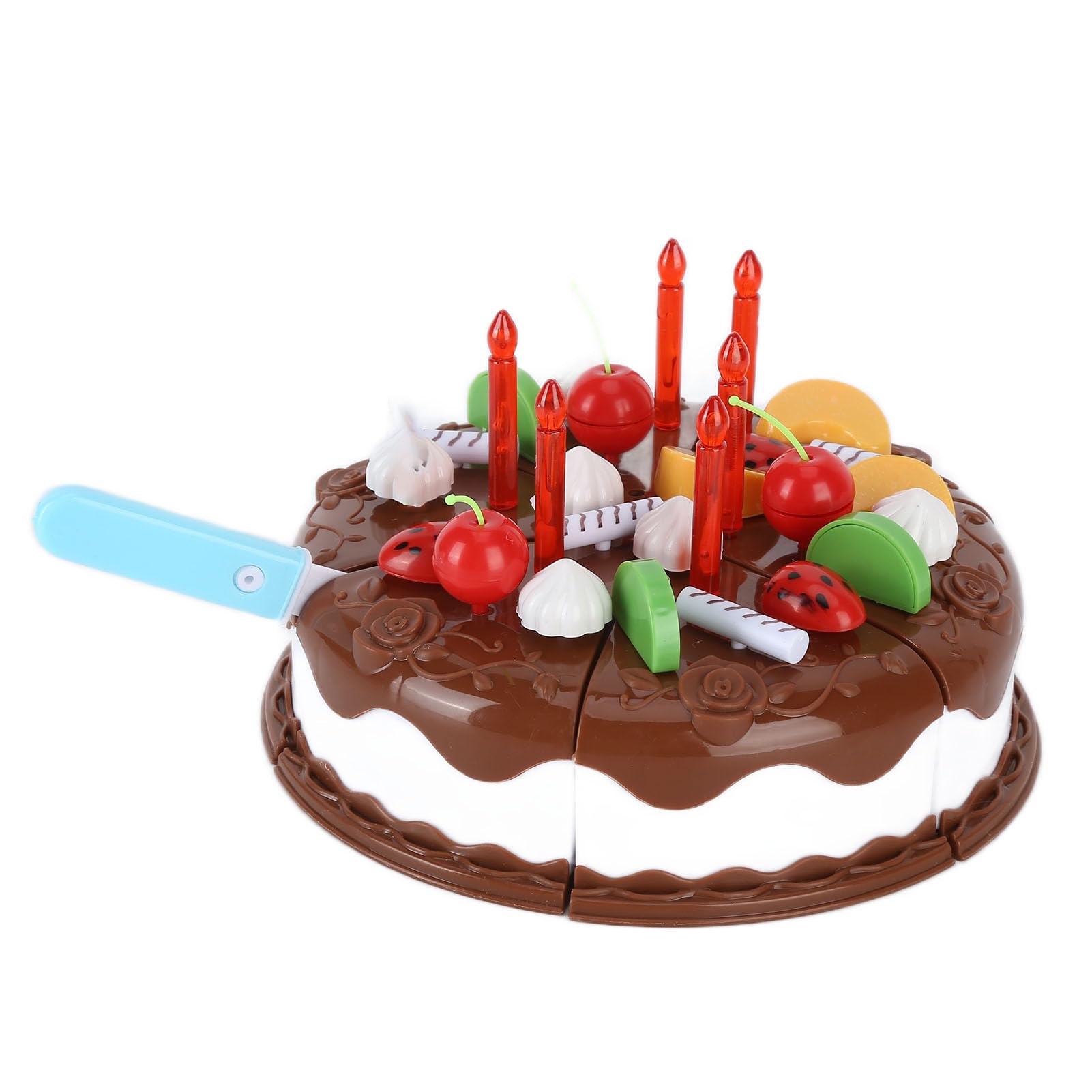 KIMISS DIY Pretend Play Birthday Cake Set - Chocolate Cake Toy Set for 3+ with Cutting Accessories, Stickers, and Role Play Fun (Chocolate color 37-piece set express box)