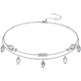 FANCIME Anklet Bracelets For Women, 925 Sterling Silver Layered Anklet Adjustable London Blue Topas December Birthstone Beaded Chain Beach Jewelry Gifts for Women