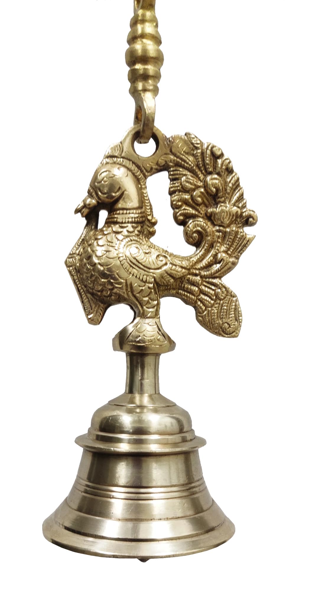 Purpledip Brass Temple Hanging Bell In Peacock Design: Decorative Bell With Deep Sound (10719)