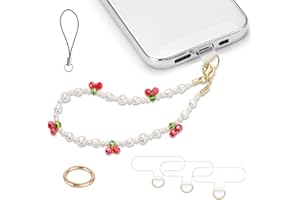 CASECOND Phone Charm Wrist Strap Pearl Beaded Chain Detachable Lanyard Hand Wristlet Fashion Accessories Finger Grip Anti-drop with 3 Tether Tab for Women Girl Universal for iPhone 16 Pro Max 15 Sweet Cherries