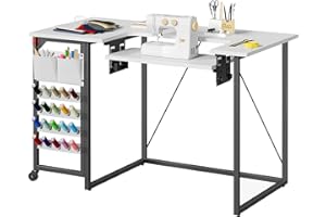 HOOBRO Folding Sewing Table, Height Adjustable Sewing Craft Table, Sewing Machine Table with Lockable Wheels, Shelves, Pegs, 