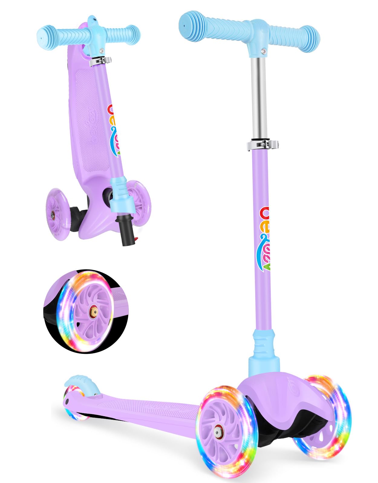 BELEEV 3-Wheel Scooter for Kids Age 2-6, Scooter for Toddlers Girls Boys Children, Adjustable Height, Lean to Steer, Light Up Wheels, Extra-Wide Deck(BLUE PURPLE)