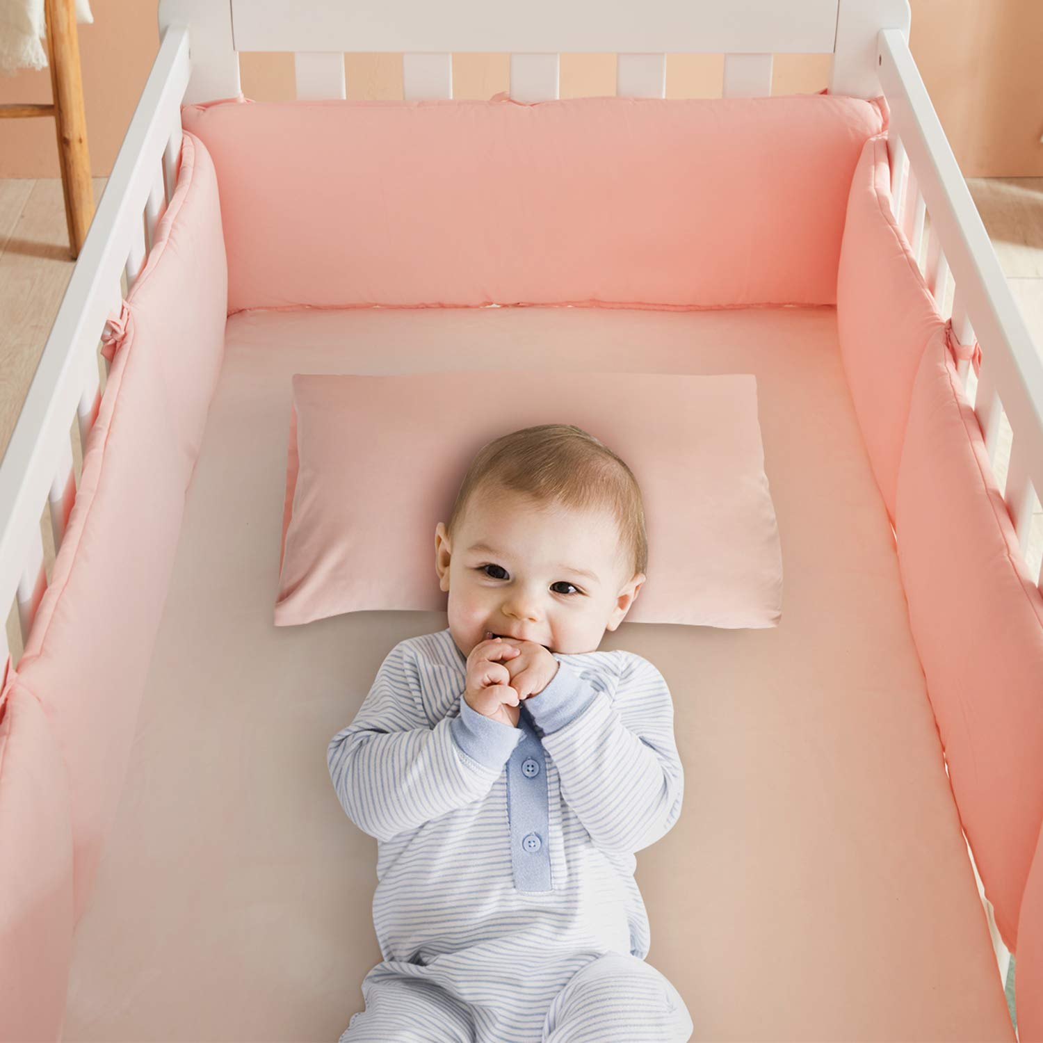 Crib Bumper Pads 4-Piece Breathable for Girls and Boys, Safe Soft Baby Crib Bedding Bumper Protector for Standard Crib, Machine Washable Padded Crib Liner with Microfiber for Nursery Bed(Pink)