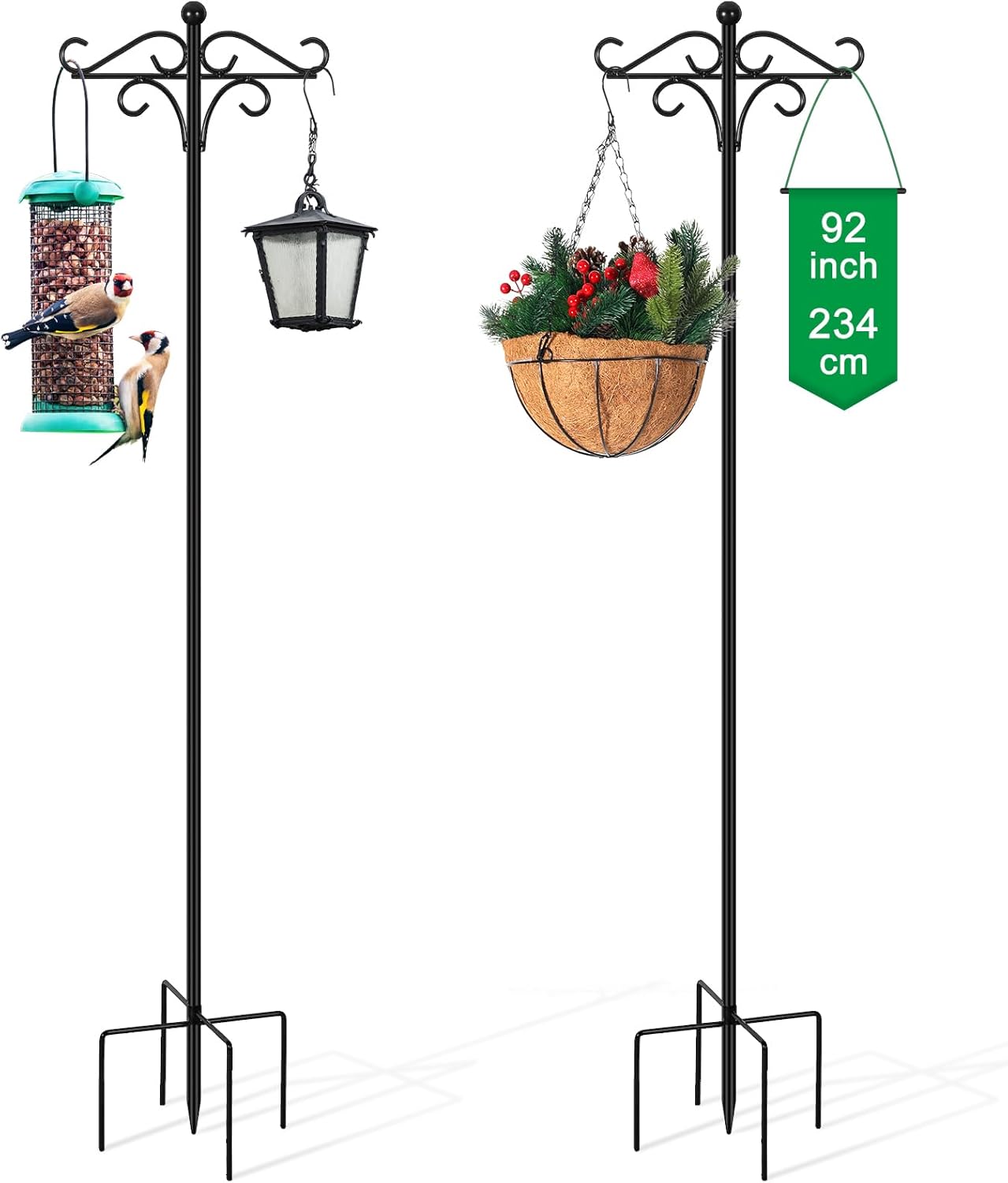 Outdoor Shepherd's Hooks - 2 Pack 92 Inch Double Shepherds Hooks for Outdoor Adjustable Bird Feeder Pole with 5 Prong Base Heavy Duty Two Sided Bird Feeder Stand Metal Hanging Basket Stand for Plants, Solar Light Lanterns