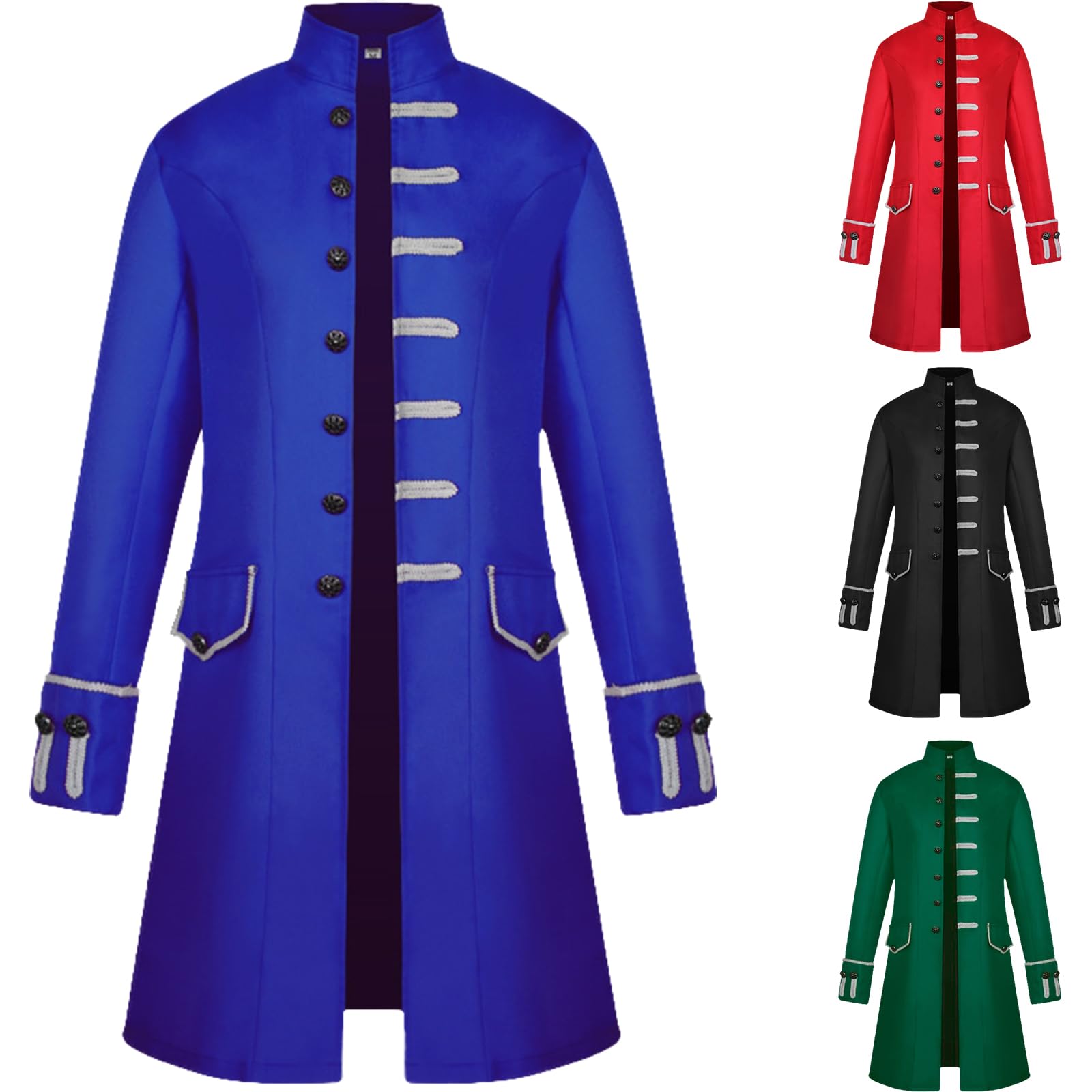 OPAEHJF Men's Gothic Steampunk Medieval Vintage Coat Frock Uniform Costume Single Breasted Trench Coat Autumn Casual Overcoat for Halloween Party (Blue, L)