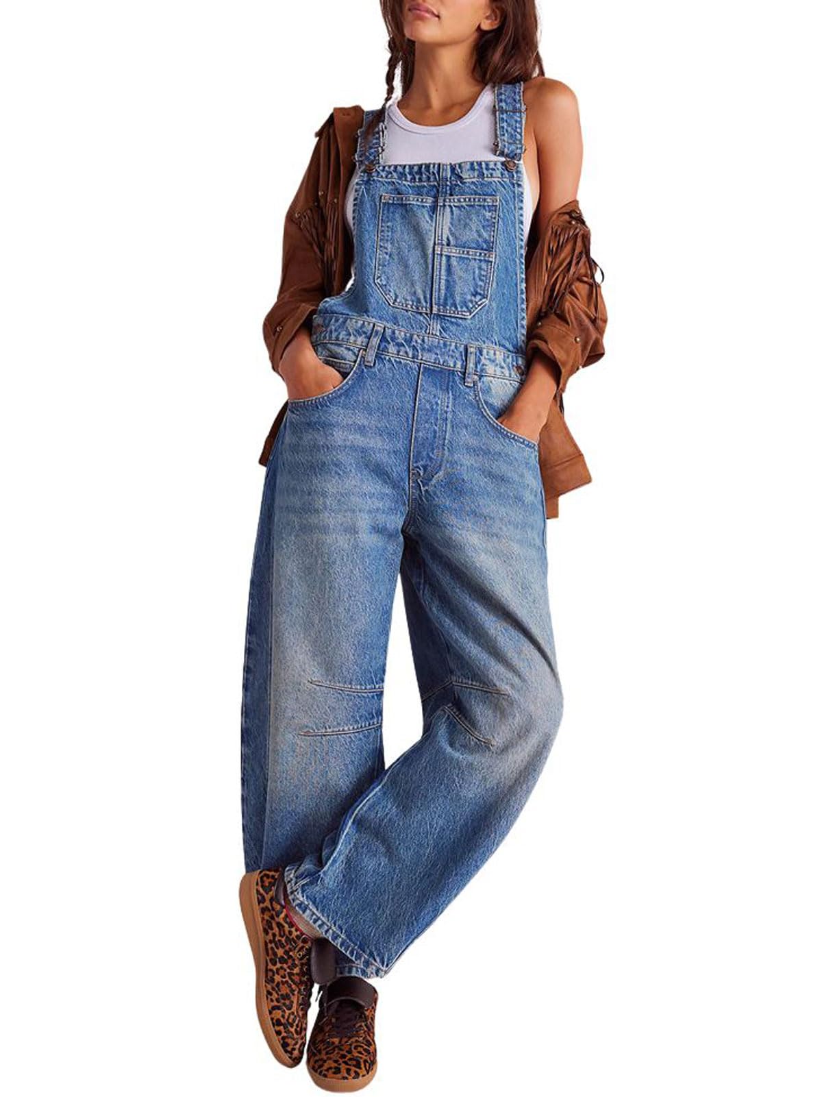 Photo 1 of utcoco Womens Denim Overalls Loose Fit Barrel Leg Adjustable Strap Hip Hop Jean Jumpsuits (X-Large, Dark Blue)