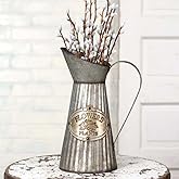 CTW 770006 Vintage Inspired Decorative Tall Pitcher With Handle For Artificial Dried Flowers or Kitchen Utensils, Tapered Galvanized Metal, Rustic Farmhouse Style Home Decor, Gray and Brown