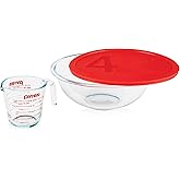Pyrex Smart Essentials 3-Piece Glass Prep Set, 4-QT Glass Mixing Bowl with lid and 2-Cup Measuring Cup, Dishwasher, Microwave