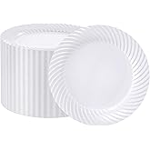 FOCUSLINE 10 Inch White Plastic Plates,100 Count Disposable Heavy Duty Dinner Plates, Premium Hard Plastic for Weddings, Parties and Events