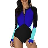 SELINK Women's Long Sleeve Rash Guard UV Protection Zipper Printed Surfing One Piece Swimsuit Bathing Suit