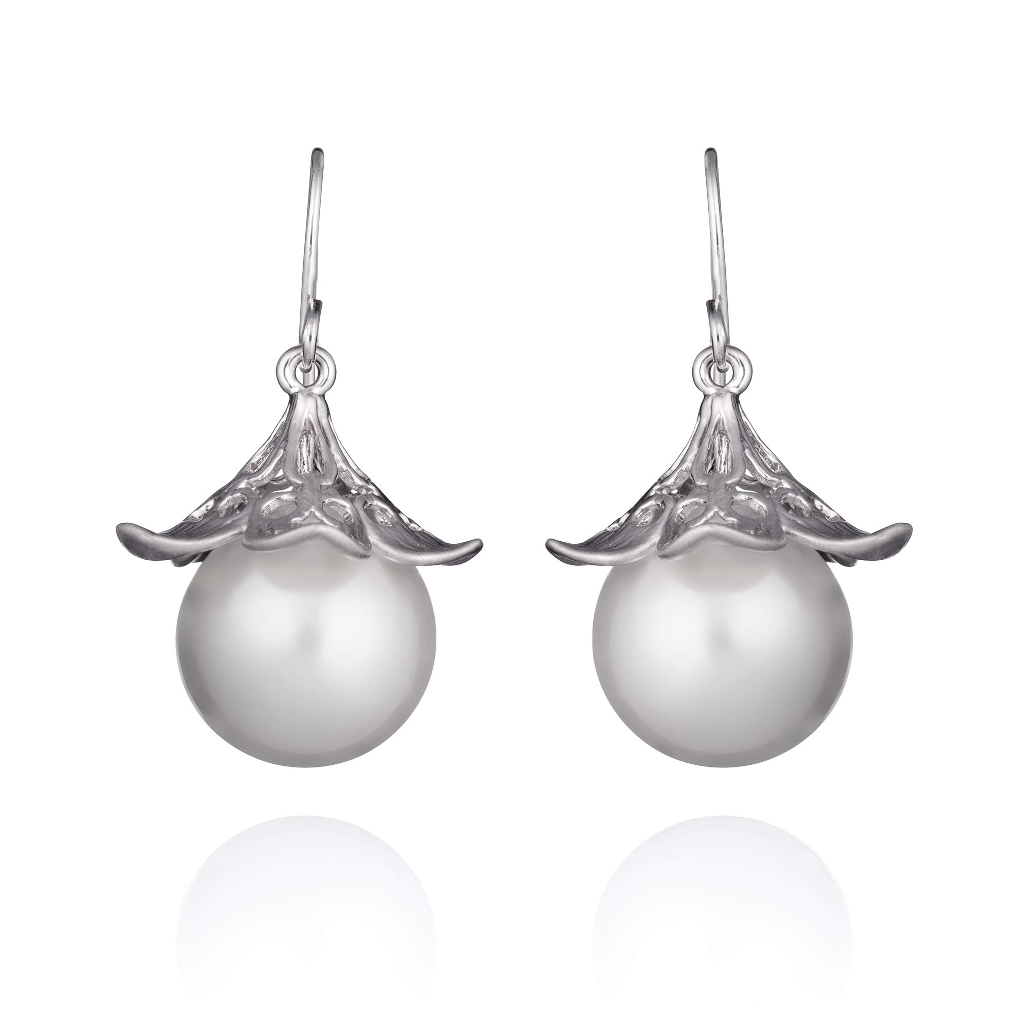 Namana Silver Floral Drop Earrings, 12 mm Pearl, Hook Back, 1 Pair