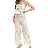 Floerns Women's 2 Piece Pajama Set Floral Bow Tie Shoulder Ruffle Crop Tops and Pants Set