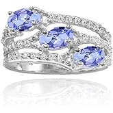 Ice Gems Sterling Silver Tanzanite and White Topaz Oval Three Stone Ring