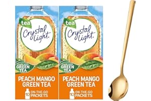 Crystal Light On The Go Drink Mix - Two (2) Pack of 10pck - Sugar-Free, Low-Calorie Refreshment with one Sukkar Pasha Long Golden SS Stirring Spoon (Peach Mango Green Tea)