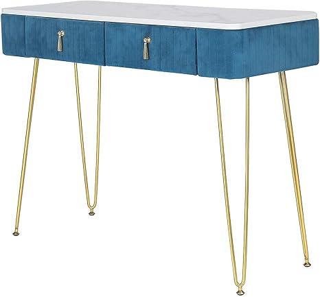 Amazon Com Joveco 39 Vanity Table With 2 Drawers Modern Makeup Vanity Desk Dressing Table Small Desks For Bedrooms Home Office Computer Desk White Marble Wood Veneer Gold Metal Legs Blue Soft Microfiber Kitchen