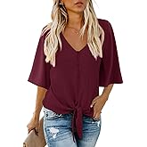AWULIFFAN Women's Casual V Neck Batwing Sleeve Tops Tie Front Chiffon Blouses Button Down Shirts