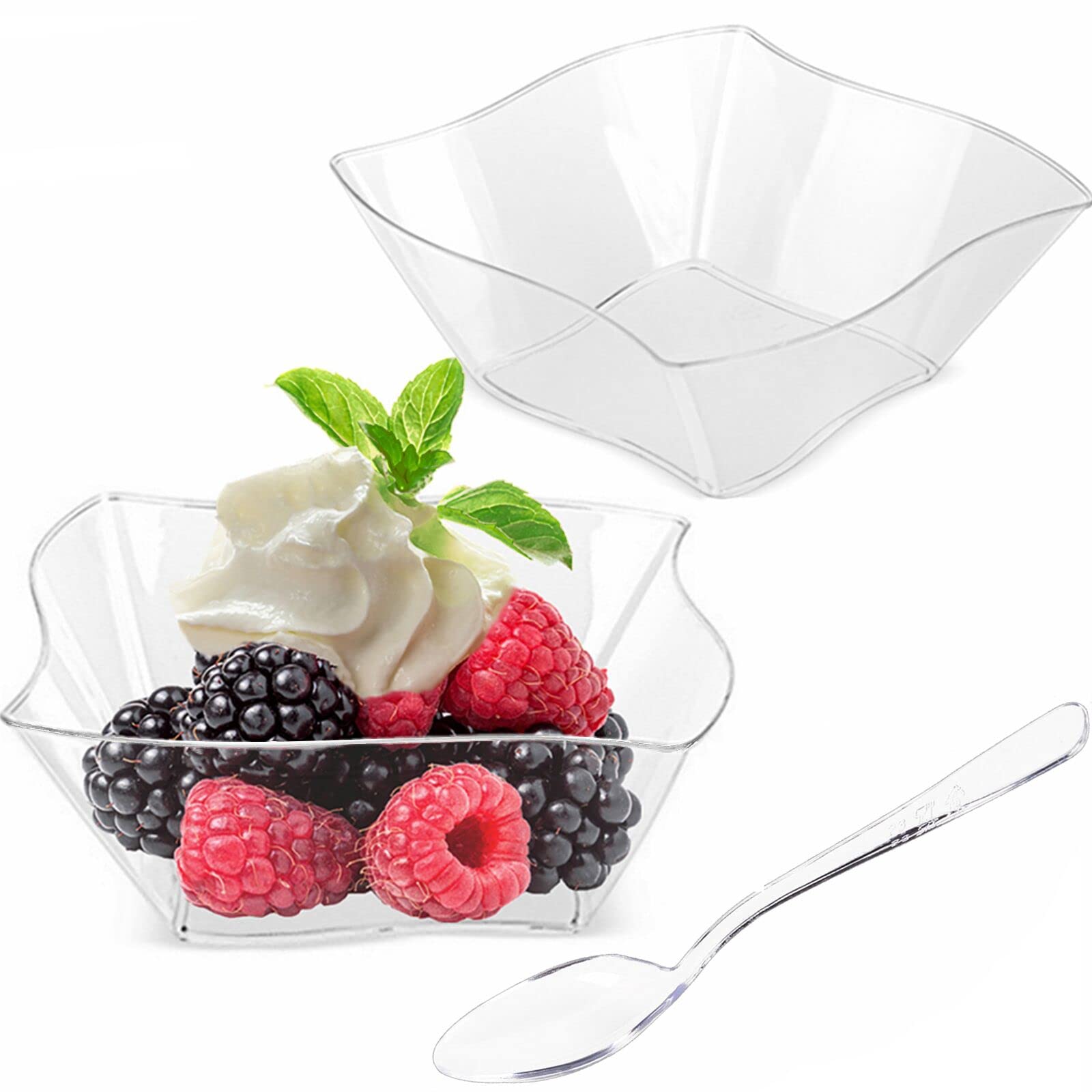 Photo 1 of TOFLEN 50ct 5 oz Small Plastic Dessert Cups with Spoons, Clear Appetizer Cups for Parties Mini Serving Bowls, Hors D'oeuvres Plates