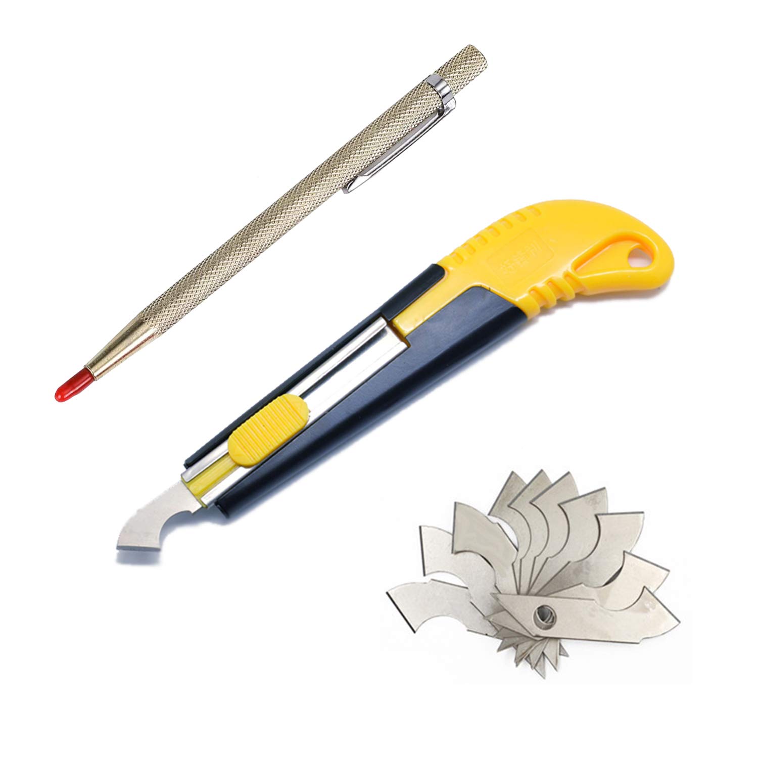 YouU 1pcs Acrylic Cutter and 10 Pcs Blade Set with Mini Box,Multi-Use Cutter with Cutting Blade Tungsten Carbide Scribe and Etching Pen（Golden）