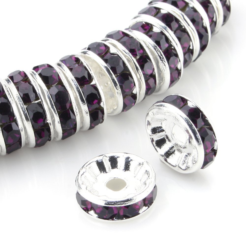 RUBYCA 100pcs 8mm Round Rondelle Spacer Beads Silver Tone Purple Czech Crystal