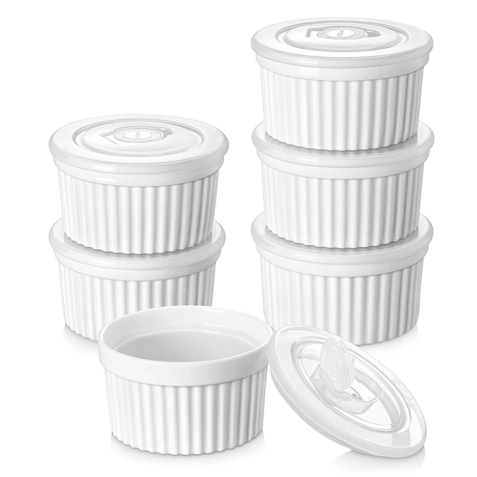 vancasso 10 oz Ramekins with Lids, Souffle Dishes Set of 6, 10.6cm White Porcelain Creme Brulee Ramekins, Baking Cups for Pudding, Fruits, Dips, Dishwasher and Oven Safe