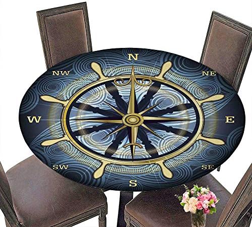 PINAFORE Premium Tablecloth avec la boussole d'or avec la Rose des Vents et de la rouede Main derrière contre ondulé Texture Everyday Use 63"-67" Round (Elastic Edge)