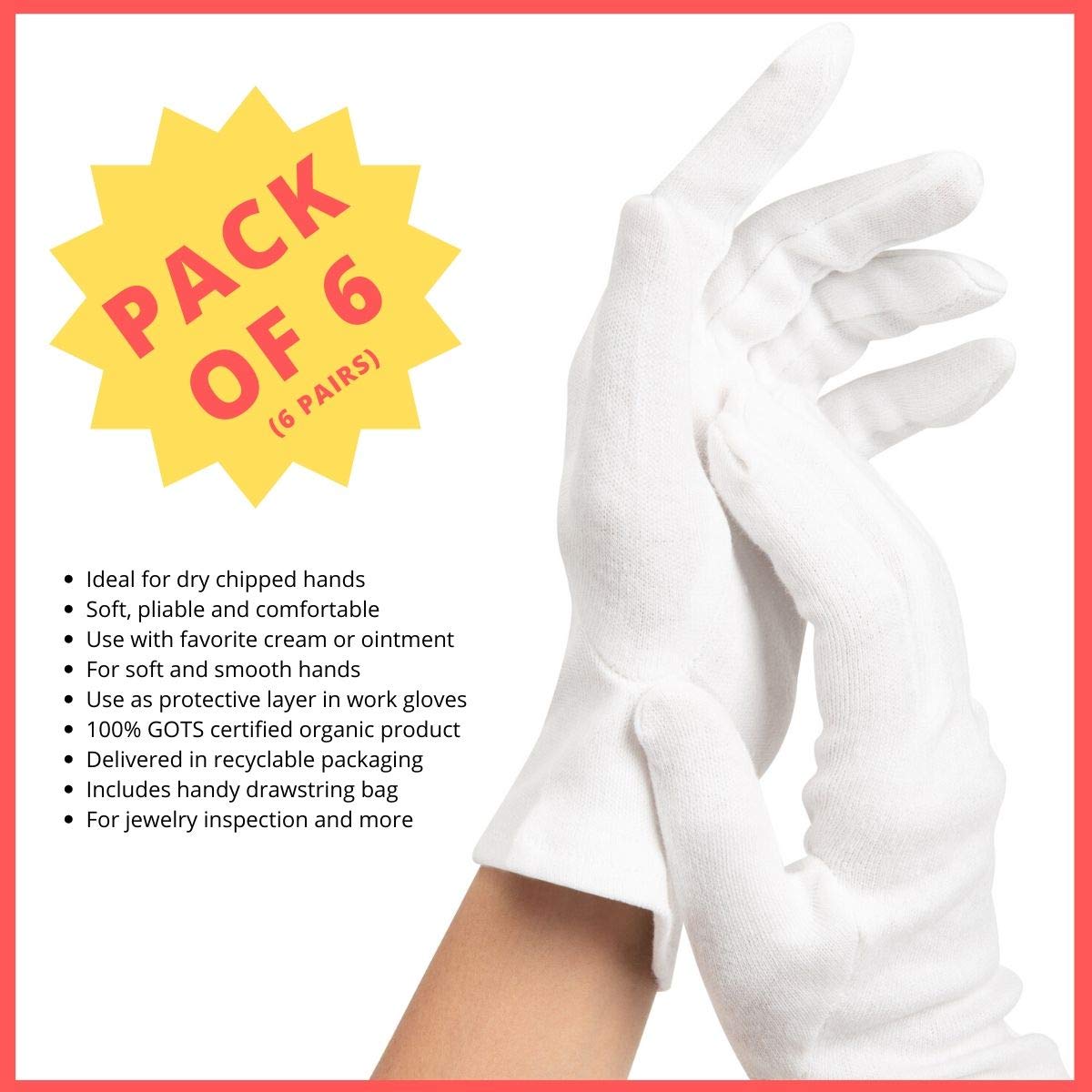 100% Organic Cotton Moisturizing Eczema Gloves for Dry Sensitive Skin - 6 Pairs : Beauty