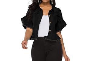 vunahzma Women's Denim Jacket Button Down Distressed Ruffle Sleeve Crop Jean Jackets Coat