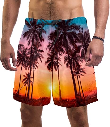 Herren Strandshorts Mit 3D Druck - Kokosbaum & Sonnenuntergang Motiv | Leichte Freizeit-Shorts Aus Polyester