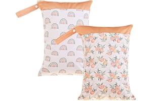 MOMIGO 2 pcs/set Wet Dry Bags for Baby Cloth Diapers - Reusable, Washable for Stroller, Diapers, Travel Bags, Gym Bag (Orange&Rainbow)