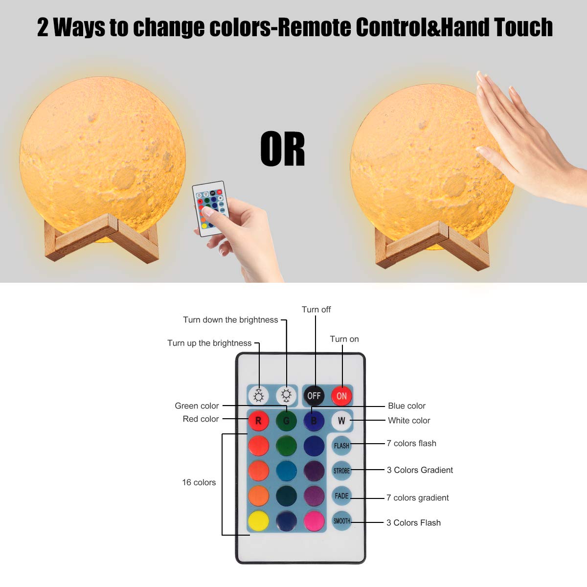 JORLAI 3D Printing Moon Lamp with Stand 16 Colors 15cm Touch Control&Remote Control USB Rechargeable Lighting LED Decorative Night Light for Baby Kids Lover Birthday Party Gifts