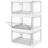 HYBRIDEAS 3-Pack Clear Stackable Storage Bins with Lids Magnetic Doors Open Front Foldable Folding Plastic Craft Containers Large Closet Organizers Box for Bedrooms Living Rooms Study Kids' Toys 24 QT