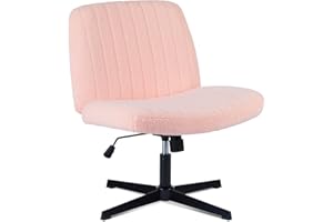 DUMOS Criss Cross Legged Office Chair, Armless Desk Chair No Wheels Wide Home Office Desk Chairs, Adjustable Swivel Teddy Fabric Vanity Chair, Pink