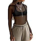 Ahtyeo Womens Mesh Long Sleeve Tops Mock Neck Sexy See Through Tee Shirts Party Club Night Lace Sheer Layering Blouse