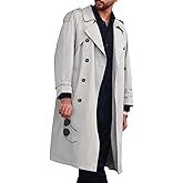 Runcati Mens Trench Coat Double Breasted Long Jacket Casual Windbreaker Notched Lapel Belted Overcoat